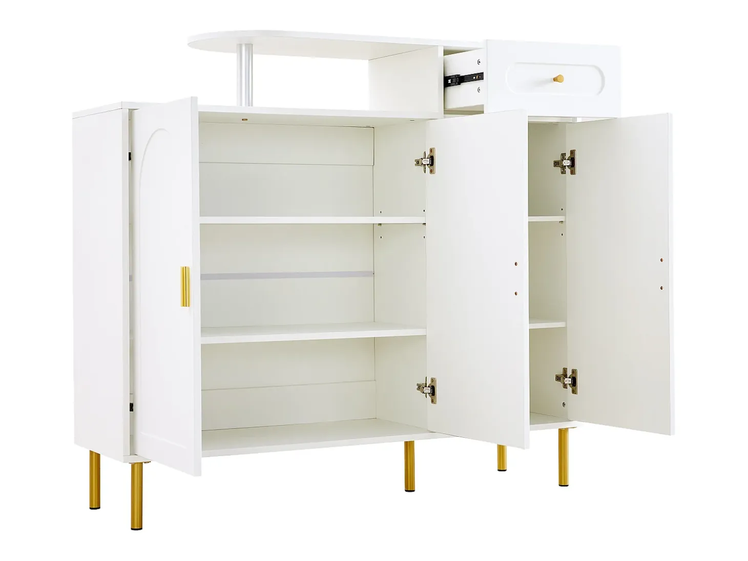Cómoda / Aparador / Mueble de entrada con 2 estantes abiertos y 4 puertas, MDF, blanco (140x75x35 cm)