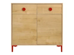 Cómoda 2 puertas 2 cajones color roble y detalles en rojo