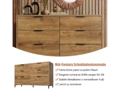 Cómoda 6 tiroirs, diseño industrial, panel de partículas, chêne foncé (120x40x76 cm)