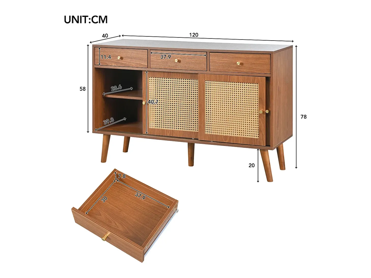 Cómoda aparador alto 120x40x78 cm con 3 puertas correderas y 3 cajones en MDF - oscuro natural
