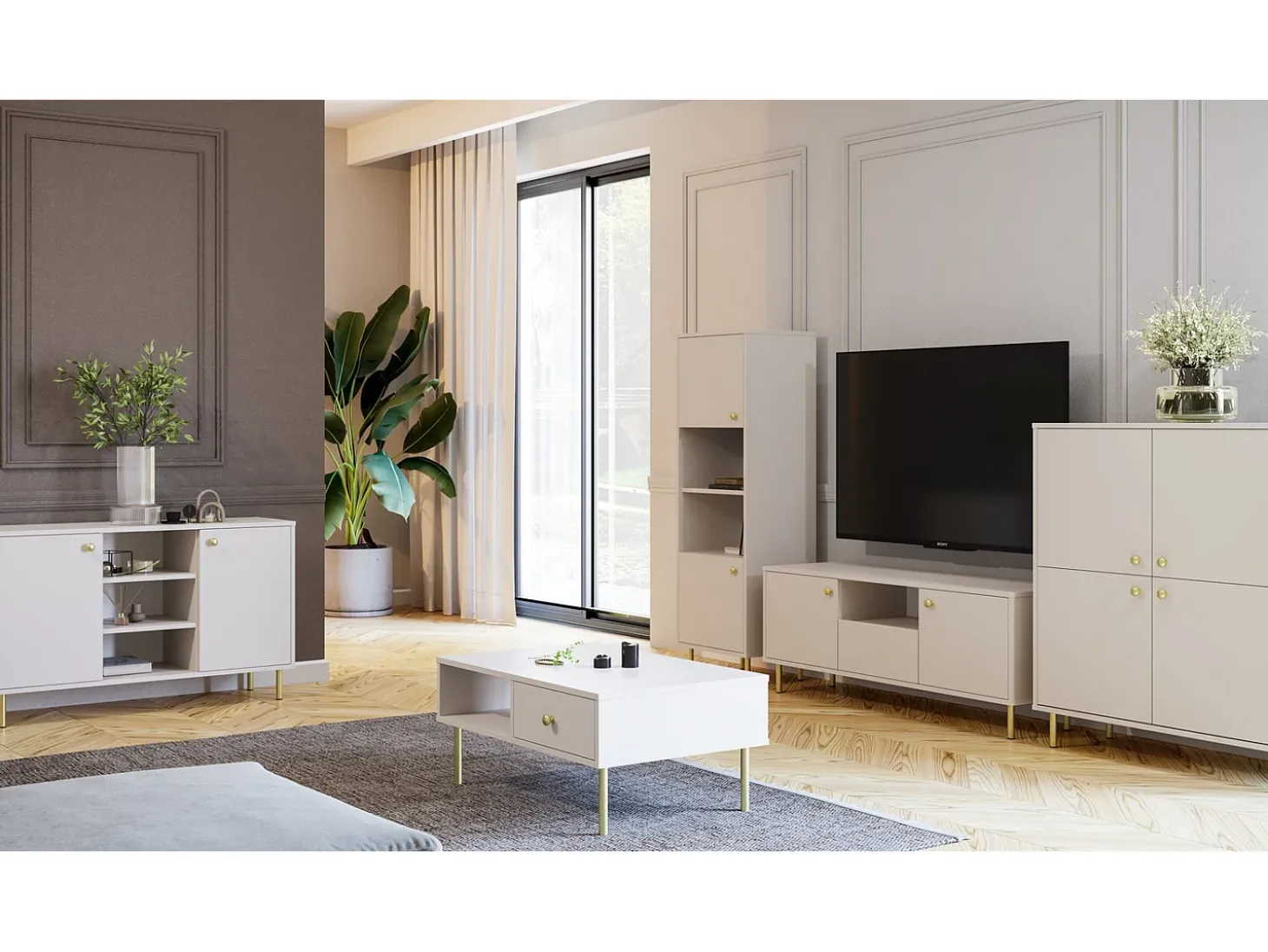 Cómoda Aparador Color Cachemira de 4 Puertas – 100x113x40 cm – Patas Doradas y Gran Capacidad