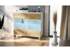 Cómoda Bari V3 Edición Madera, Moderno armario de cocina con 2 grandes puertas de cristal incl. iluminación RGB blanco mate / roble natural (92,5 x 84,5 x 35)