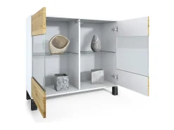 Cómoda Bari V3, Moderno armario de cocina con 2 grandes puertas de cristal blanco mate / crema de alto brillo (92,5 x 84.5 x 35)