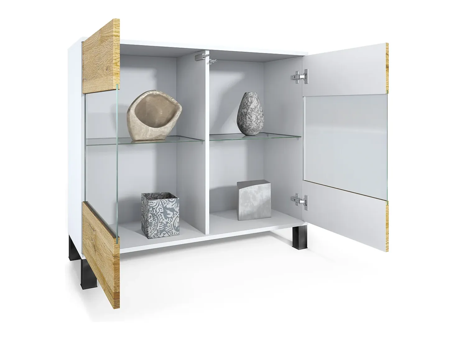 Cómoda Bari V3, Moderno armario de cocina con 2 grandes puertas de cristal blanco mate / crema de alto brillo (92,5 x 84.5 x 35)