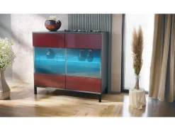 Cómoda Bari V3, Moderno armario de cocina con 2 grandes puertas de cristal incl. iluminación RGB antracita mate / burdeos de alto brillo (92,5 x 83.5 x 35)
