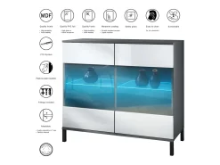 Cómoda Bari V3, Moderno armario de cocina con 2 grandes puertas de cristal incl. iluminación RGB antracita mate / burdeos de alto brillo (92,5 x 83.5 x 35)