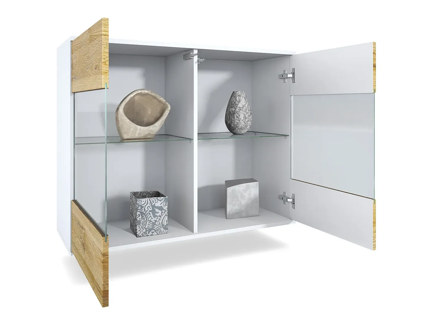 Cómoda Bari V3, Moderno armario de cocina con 2 grandes puertas de cristal blanco mate / gris arena de alto brillo (92,5 x 73.5 x 35)