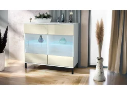 Cómoda Bari V3, Moderno armario de cocina con 2 grandes puertas de cristal incl. iluminación RGB blanco mate / crema de alto brillo (92,5 x 83.5 x 35)