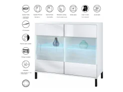 Cómoda Bari V3, Moderno armario de cocina con 2 grandes puertas de cristal incl. iluminación RGB blanco mate / crema de alto brillo (92,5 x 83.5 x 35)