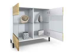 Cómoda Bari V3, Moderno armario de cocina con 2 grandes puertas de cristal blanco mate / blanco de alto brillo (92,5 x 83.5 x 35)