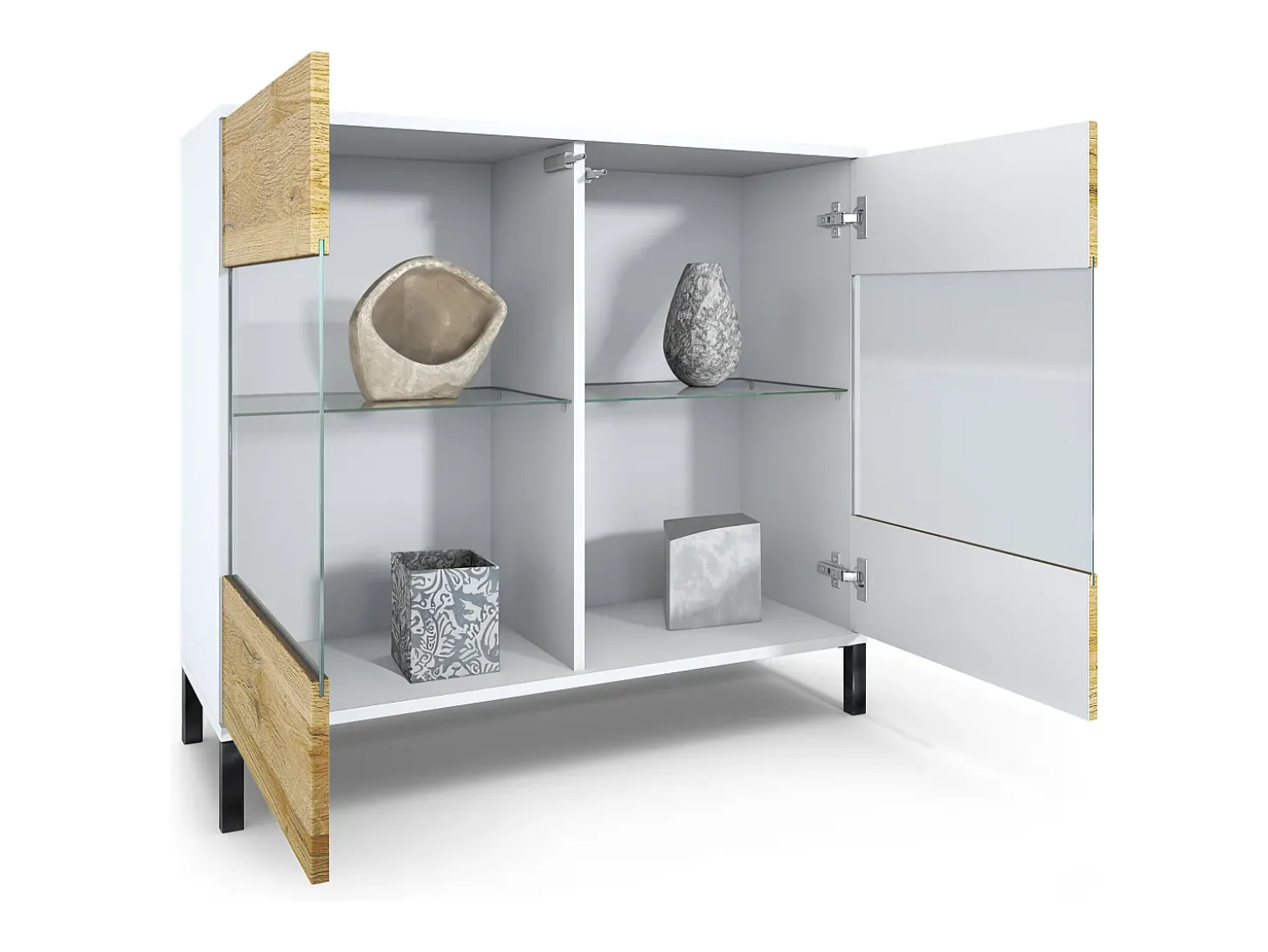Cómoda Bari V3, Moderno armario de cocina con 2 grandes puertas de cristal blanco mate / blanco de alto brillo (92,5 x 83.5 x 35)