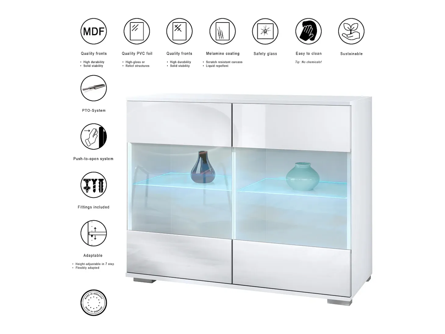 Cómoda Bari V3, Moderno armario de cocina con 2 grandes puertas de cristal incl. iluminación RGB blanco mate / negro de alto brillo (92,5 x 75.5 x 35)