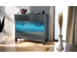 Cómoda Bari V3, Moderno armario de cocina con 2 grandes puertas de cristal incl. iluminación RGB antracita mate / gris de alto brillo (92,5 x 84.5 x 35)
