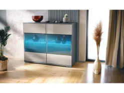 Cómoda Bari V3, Moderno armario de cocina con 2 grandes puertas de cristal incl. iluminación RGB antracita mate / gris arena de alto brillo (92,5 x 75.5 x 35)