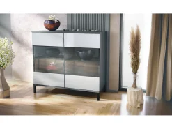 Cómoda Bari V3, Moderno armario de cocina con 2 grandes puertas de cristal antracita mate / blanco de alto brillo (92,5 x 83.5 x 35)