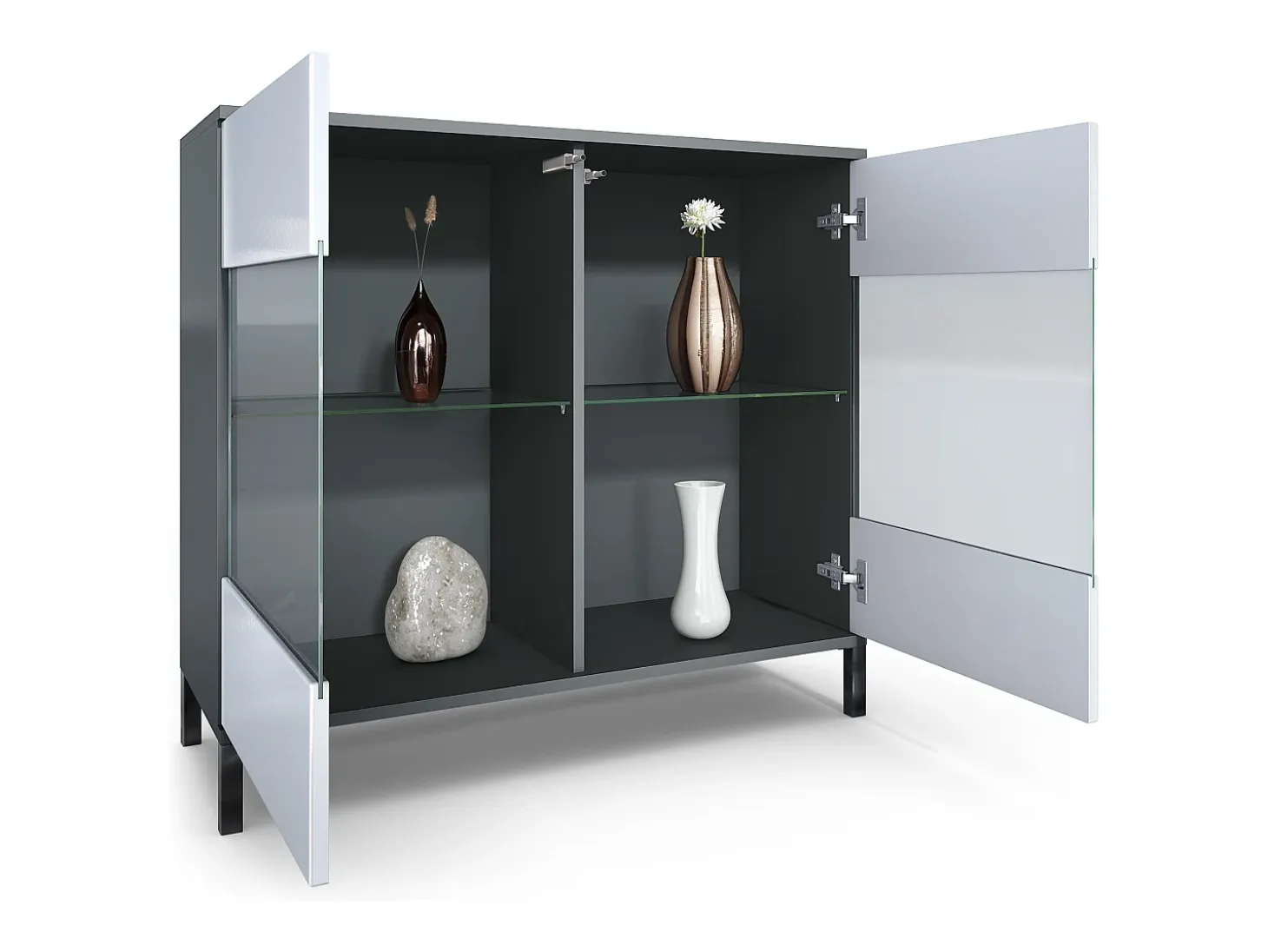 Cómoda Bari V3, Moderno armario de cocina con 2 grandes puertas de cristal antracita mate / blanco de alto brillo (92,5 x 83.5 x 35)
