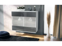 Cómoda Bari V3, Moderno armario de cocina con 2 grandes puertas de cristal blanco mate / gris de alto brillo (92,5 x 73.5 x 35)