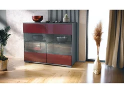 Cómoda Bari V3, Moderno armario de cocina con 2 grandes puertas de cristal antracita mate / burdeos de alto brillo (92,5 x 75.5 x 35)