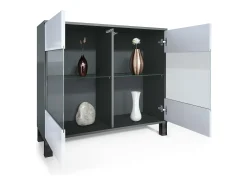 Cómoda Bari V3, Moderno armario de cocina con 2 grandes puertas de cristal incl. iluminación RGB antracita mate / gris arena de alto brillo (92,5 x 84.5 x 35)