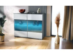 Cómoda Bari V3, Moderno armario de cocina con 2 grandes puertas de cristal incl. iluminación RGB antracita mate / blanco de alto brillo (92,5 x 75.5 x 35)