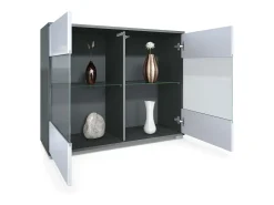 Cómoda Bari V3, Moderno armario de cocina con 2 grandes puertas de cristal incl. iluminación RGB antracita mate / crema de alto brillo (92,5 x 75.5 x 35)