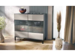 Cómoda Bari V3, Moderno armario de cocina con 2 grandes puertas de cristal antracita mate / gris arena de alto brillo (92,5 x 83.5 x 35)