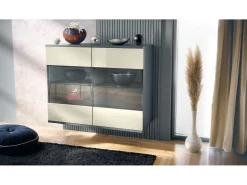 Cómoda Bari V3, Moderno armario de cocina con 2 grandes puertas de cristal antracita mate / crema de alto brillo (92,5 x 73.5 x 35)