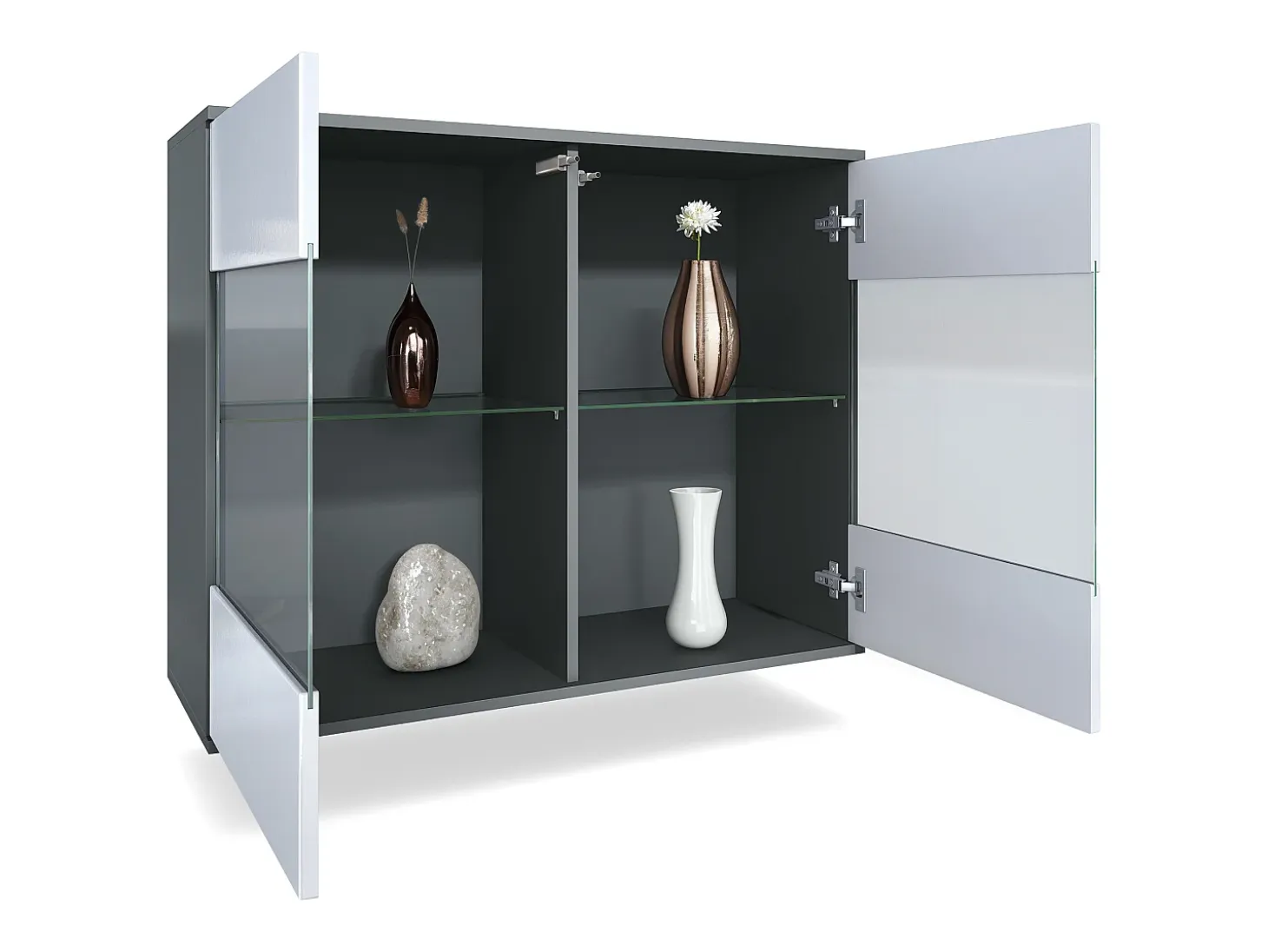Cómoda Bari V3, Moderno armario de cocina con 2 grandes puertas de cristal antracita mate / crema de alto brillo (92,5 x 73.5 x 35)