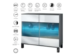 Cómoda Bari V3, Moderno armario de cocina con 2 grandes puertas de cristal incl. iluminación RGB antracita mate / burdeos de alto brillo (92,5 x 84.5 x 35)