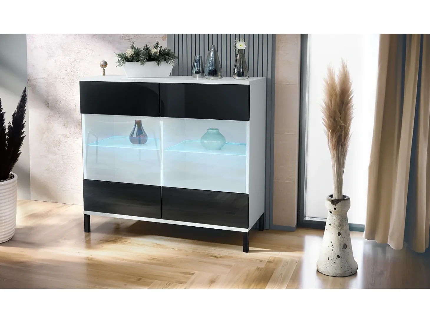 Cómoda Bari V3, Moderno armario de cocina con 2 grandes puertas de cristal incl. iluminación RGB blanco mate / negro de alto brillo (92,5 x 83.5 x 35)