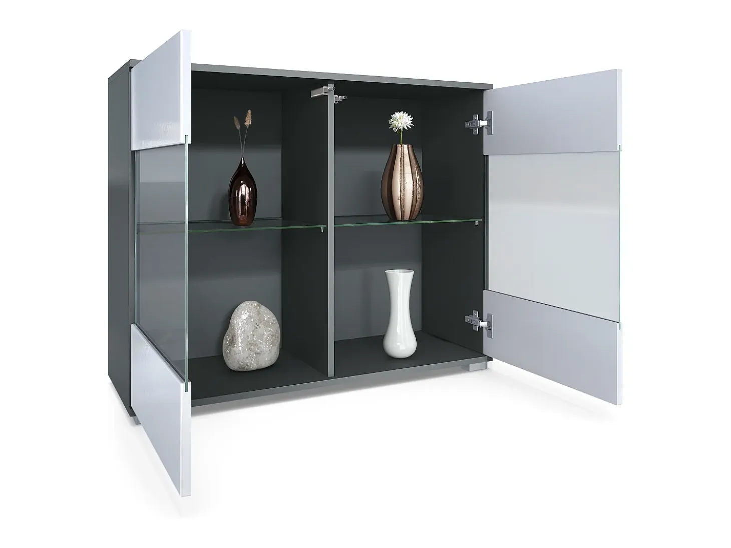 Cómoda Bari V3, Moderno armario de cocina con 2 grandes puertas de cristal antracita mate / gris de alto brillo (92,5 x 75.5 x 35)