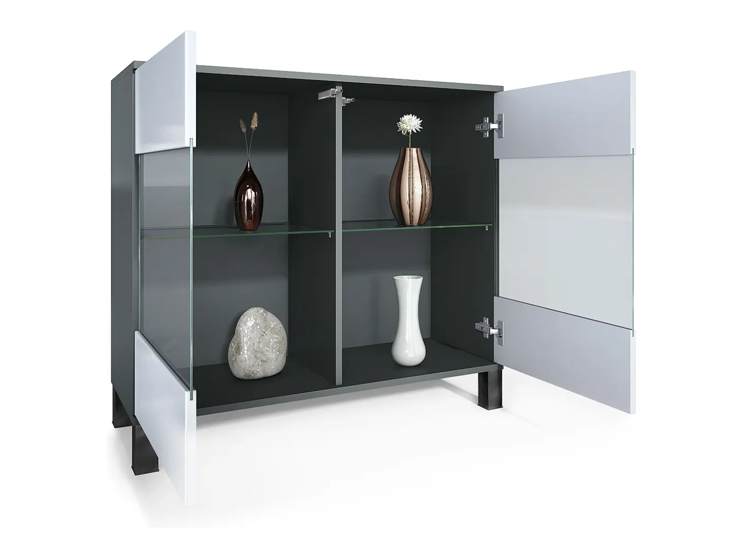 Cómoda Bari V3, Moderno armario de cocina con 2 grandes puertas de cristal antracita mate / gris arena de alto brillo (92,5 x 84.5 x 35)