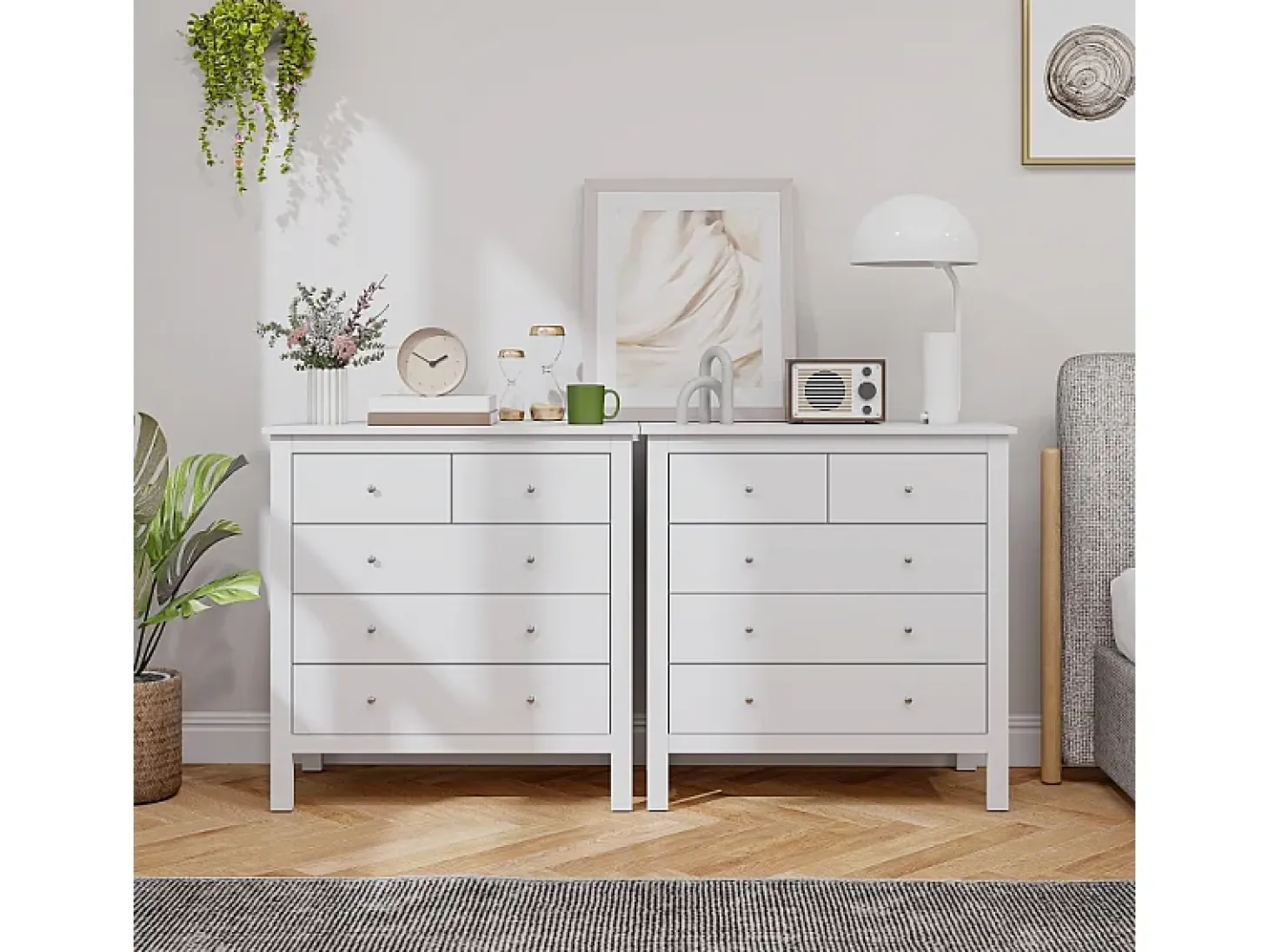 Cómoda blanca de 5 cajones, mueble de almacenamiento de madera para oficina, sala de estar o dormitorio.