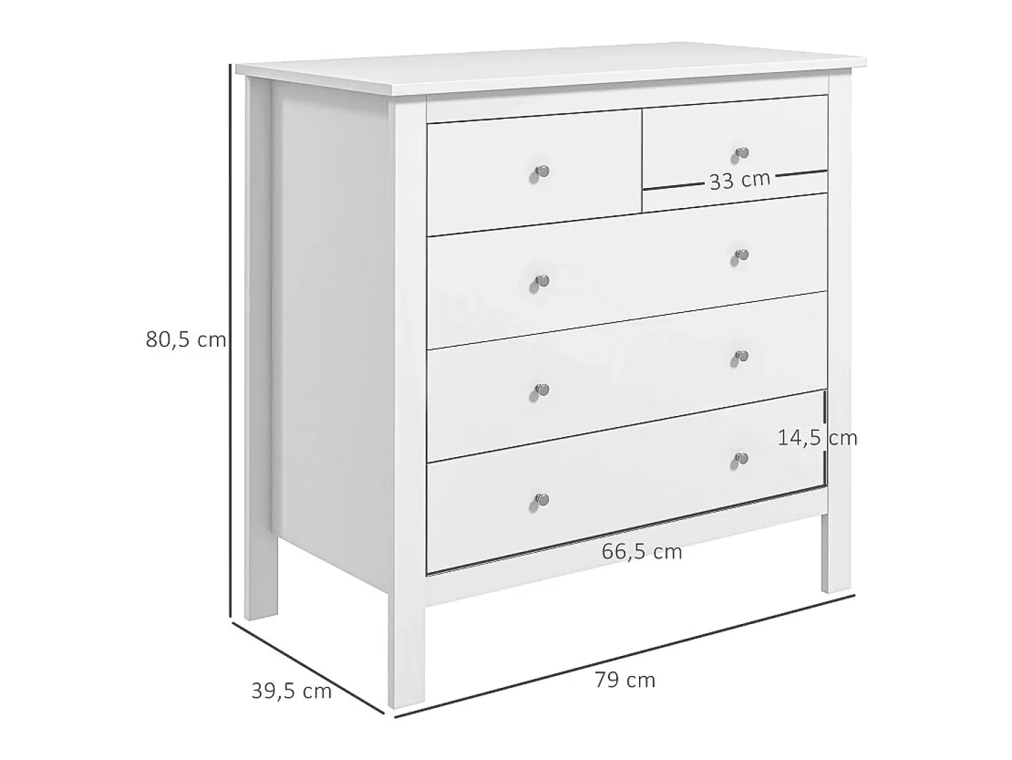 Cómoda blanca de 5 cajones, mueble de almacenamiento de madera para oficina, sala de estar o dormitorio.