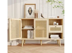 Cómoda Buffet 120x40x80 cm con 2 puertas de ratán y 1 cajón de MDF - Natural Claro