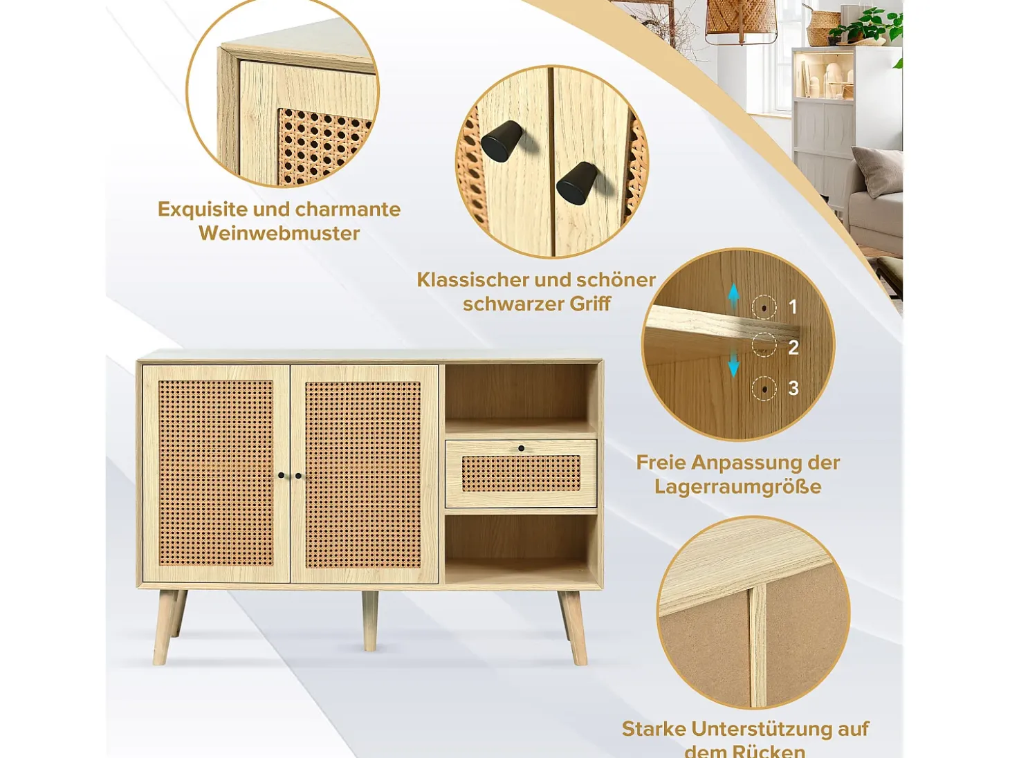 Cómoda Buffet 120x40x80 cm con 2 puertas de ratán y 1 cajón de MDF - Natural Claro