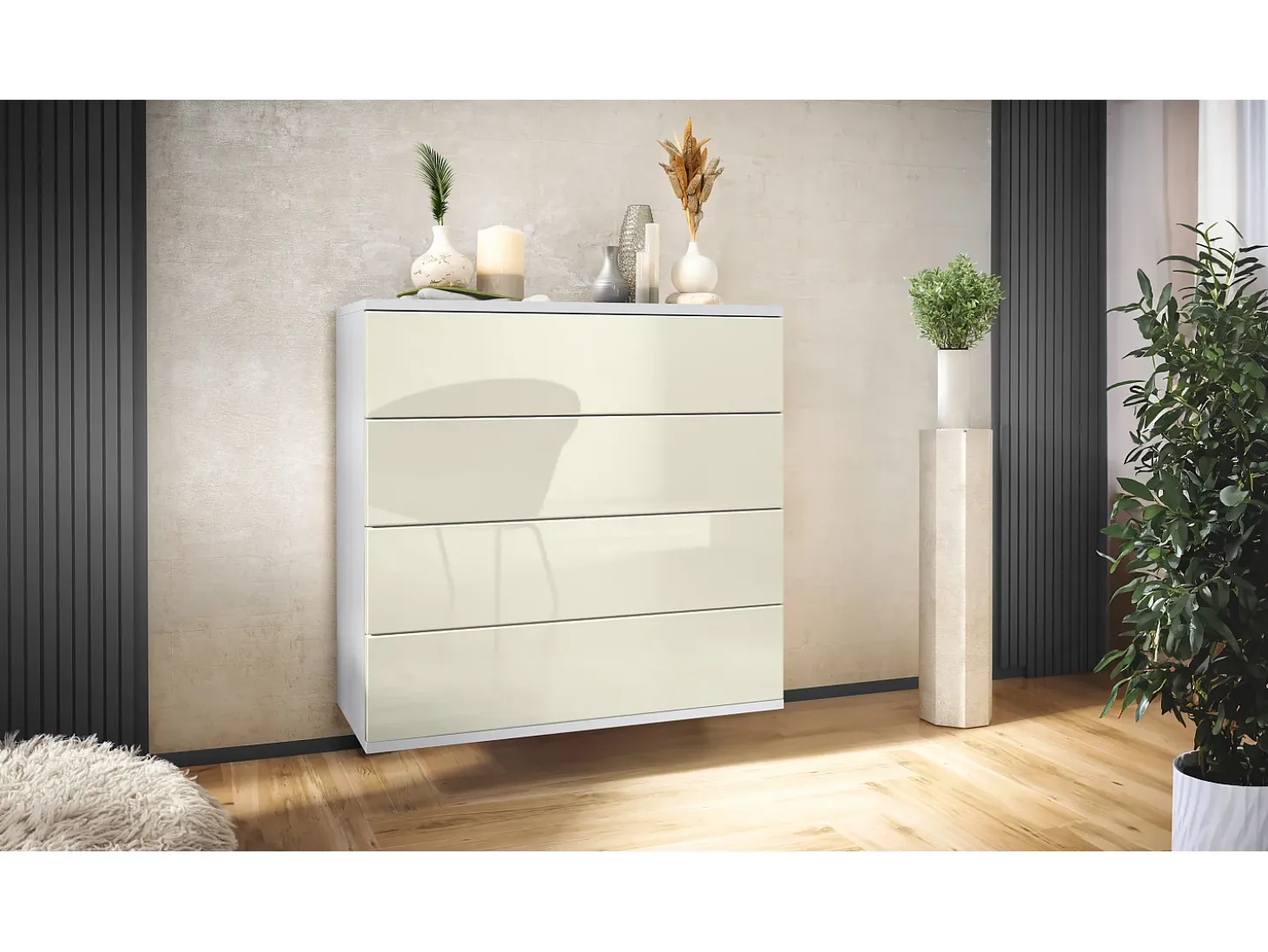 Cómoda colgante Pavos V3, Aparador con 4 cajones blanco mate/crema de alto brillo (76 x 76 x 35 cm)