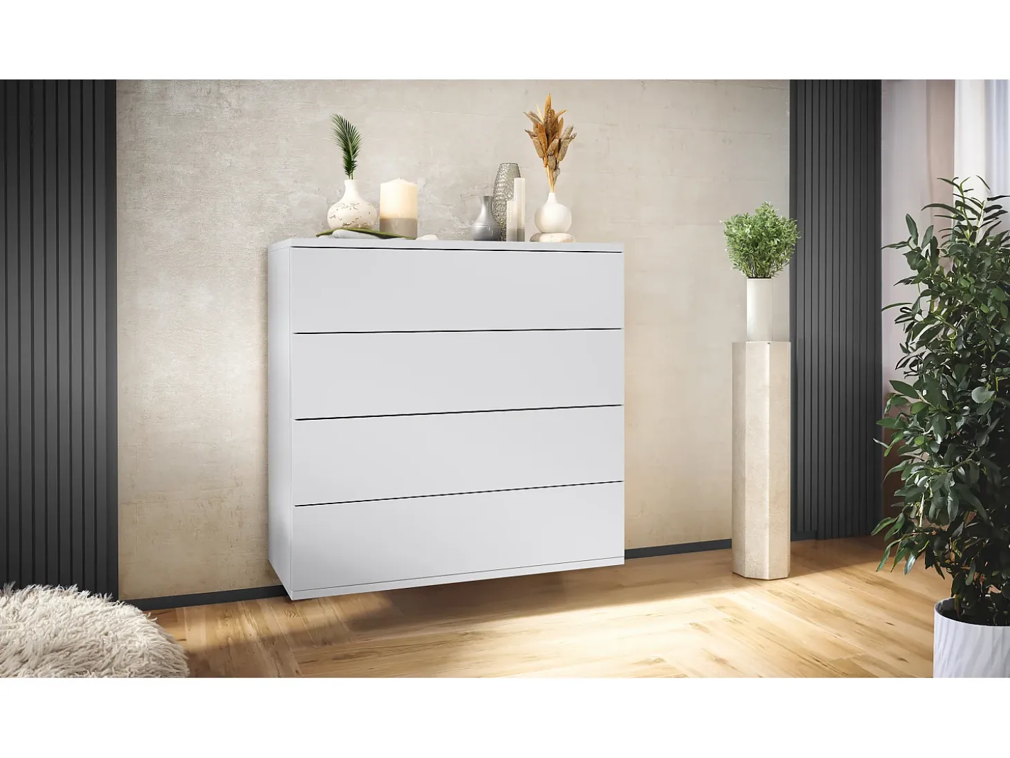 Cómoda colgante Pavos V3, Aparador con 4 cajones blanco mate/blanco mate (76 x 76 x 35 cm)