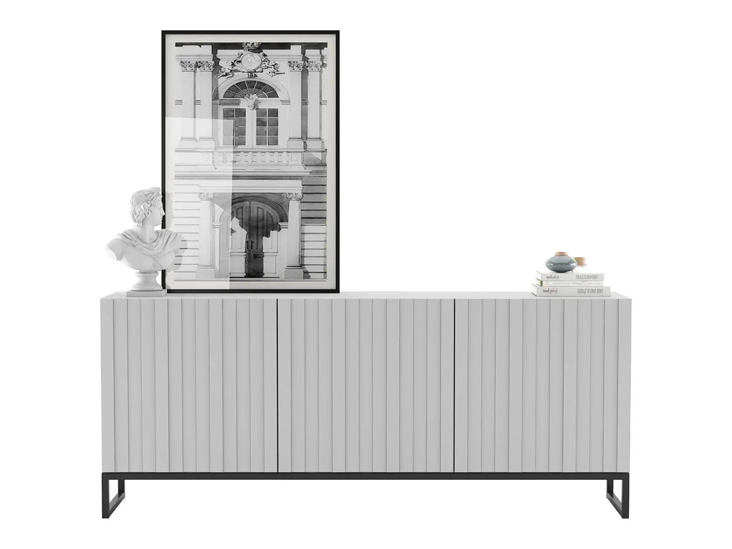 Cómoda con 3 puertas – Cuerpo blanco mate, frentes acanalados blanco mate – 168 cm, estructura de metal negro