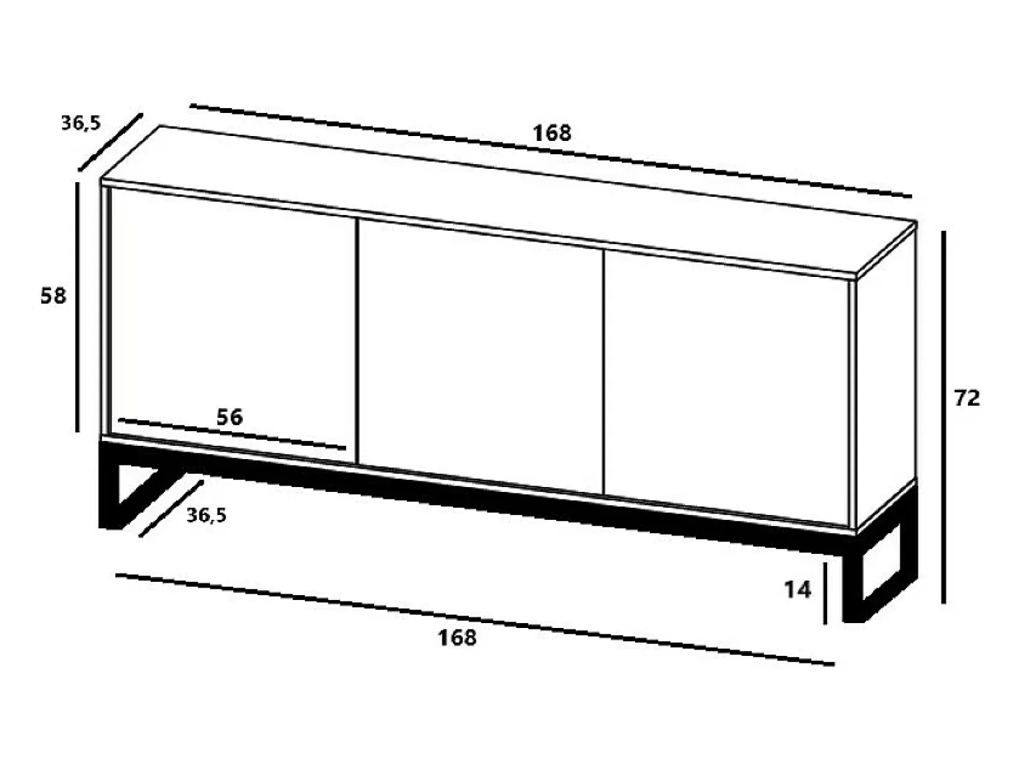 Cómoda con 3 puertas – Cuerpo blanco mate, frentes acanalados blanco mate – 168 cm, estructura de metal negro