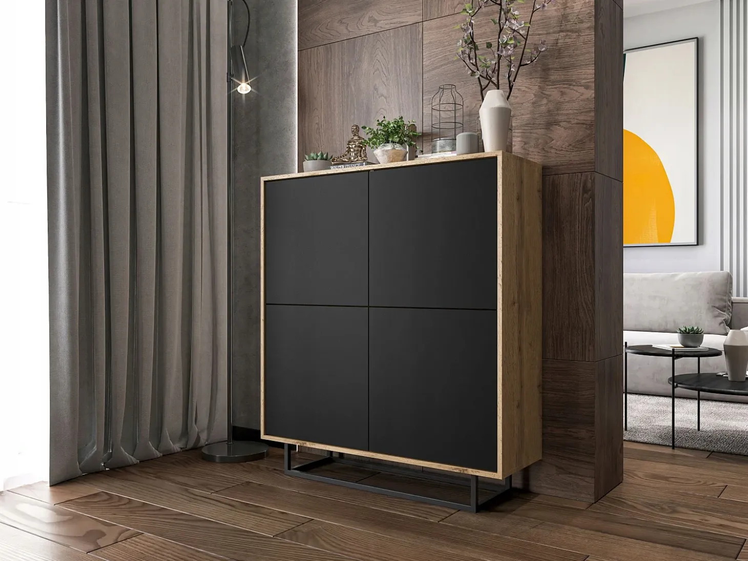 Cómoda con 4 puertas - cuerpo roble wotan, frentes negro mate - 113 cm, estructura metálica