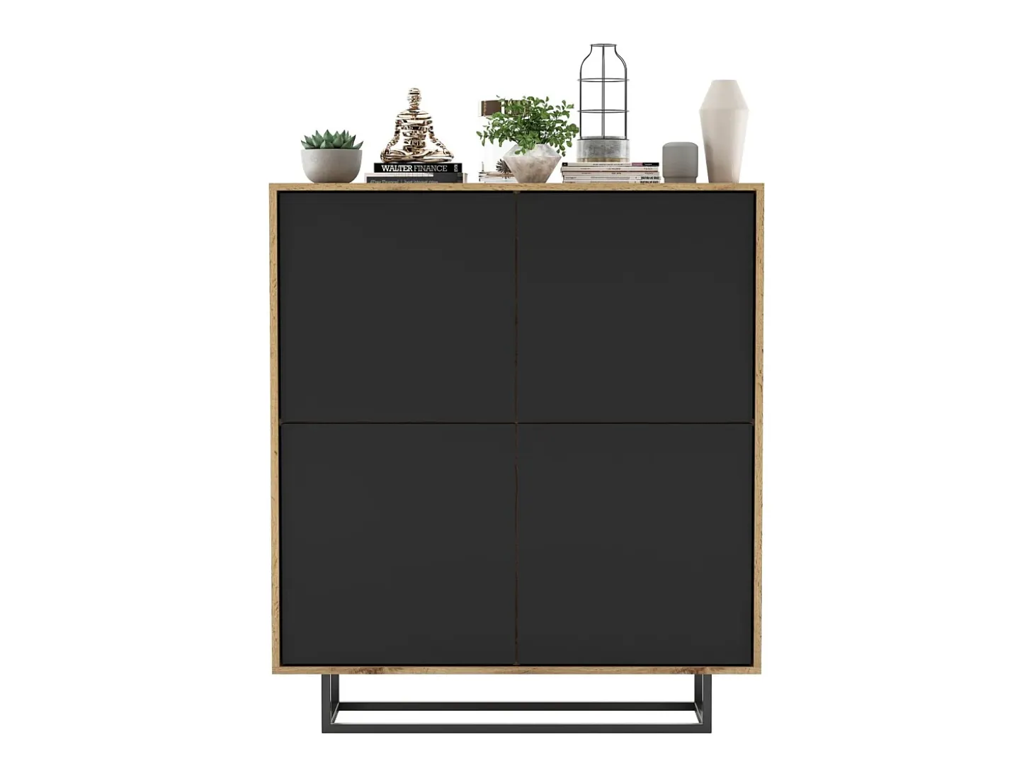 Cómoda con 4 puertas - cuerpo roble wotan, frentes negro mate - 113 cm, estructura metálica