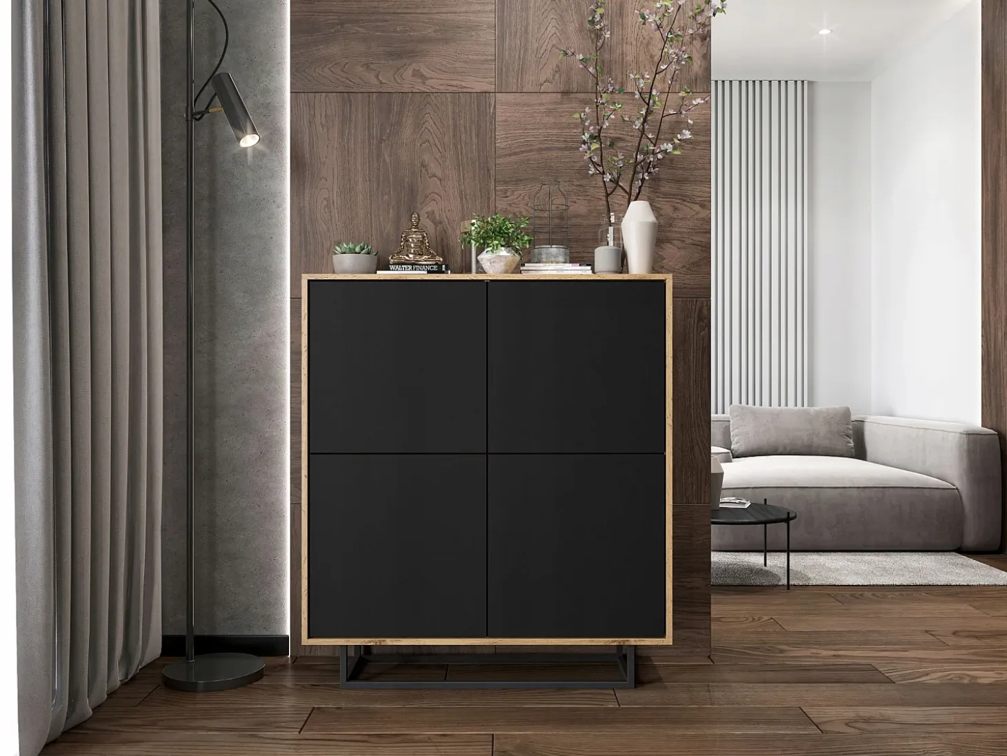 Cómoda con 4 puertas - cuerpo roble wotan, frentes negro mate - 113 cm, estructura metálica