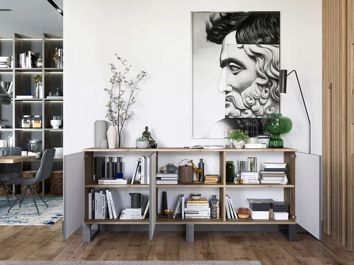 Cómoda con 3 puertas - cuerpo roble wotan, frentes grafito mate - 168 cm, patas metálicas