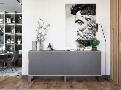 Cómoda con 3 puertas - cuerpo roble wotan, frentes grafito mate - 168 cm, patas metálicas