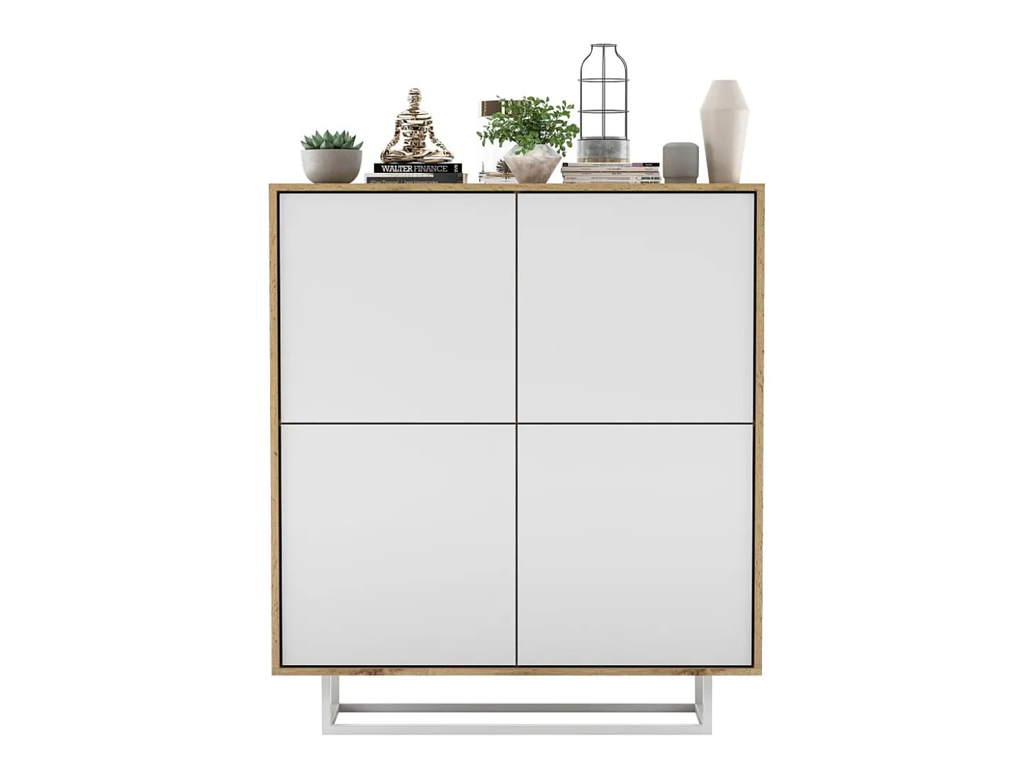 Cómoda con 4 puertas - cuerpo roble wotan, frentes blanco mate - 113 cm, estructura metálica