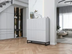 Cómoda con 4 puertas - Cuerpo Blanco mate, frentes acanalados Blanco mate - 112 cm, estructura de metal negro