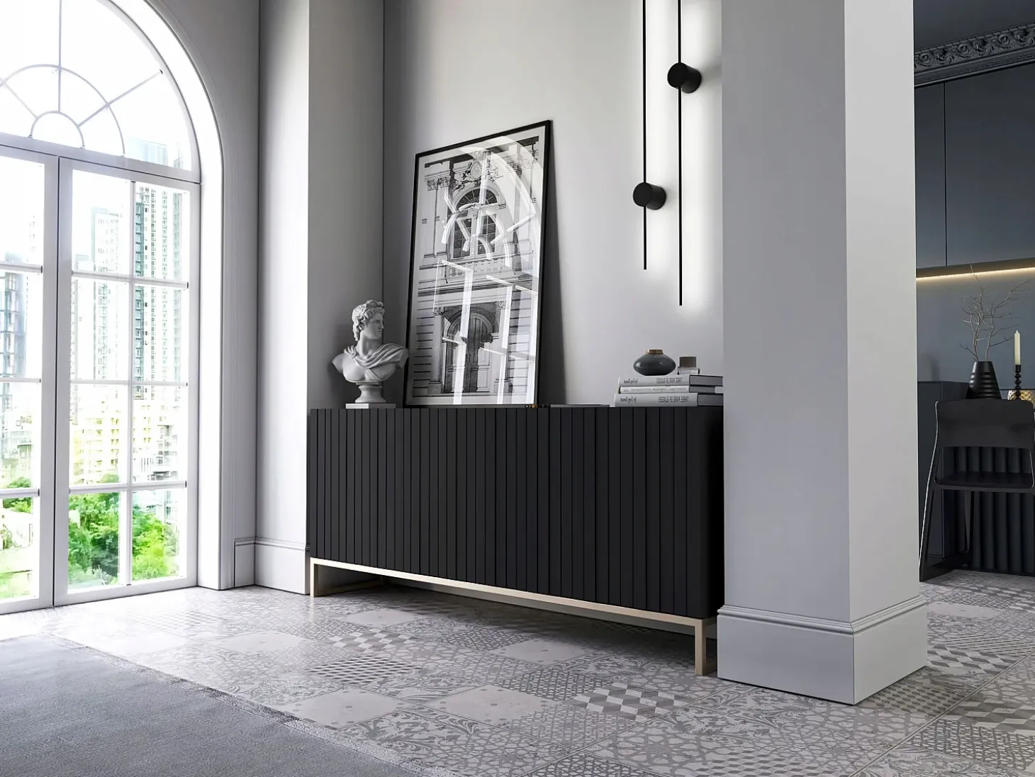Cómoda con 3 puertas - Cuerpo Negro mate, frentes ranurados Negro mate - 168 cm, marco de metal