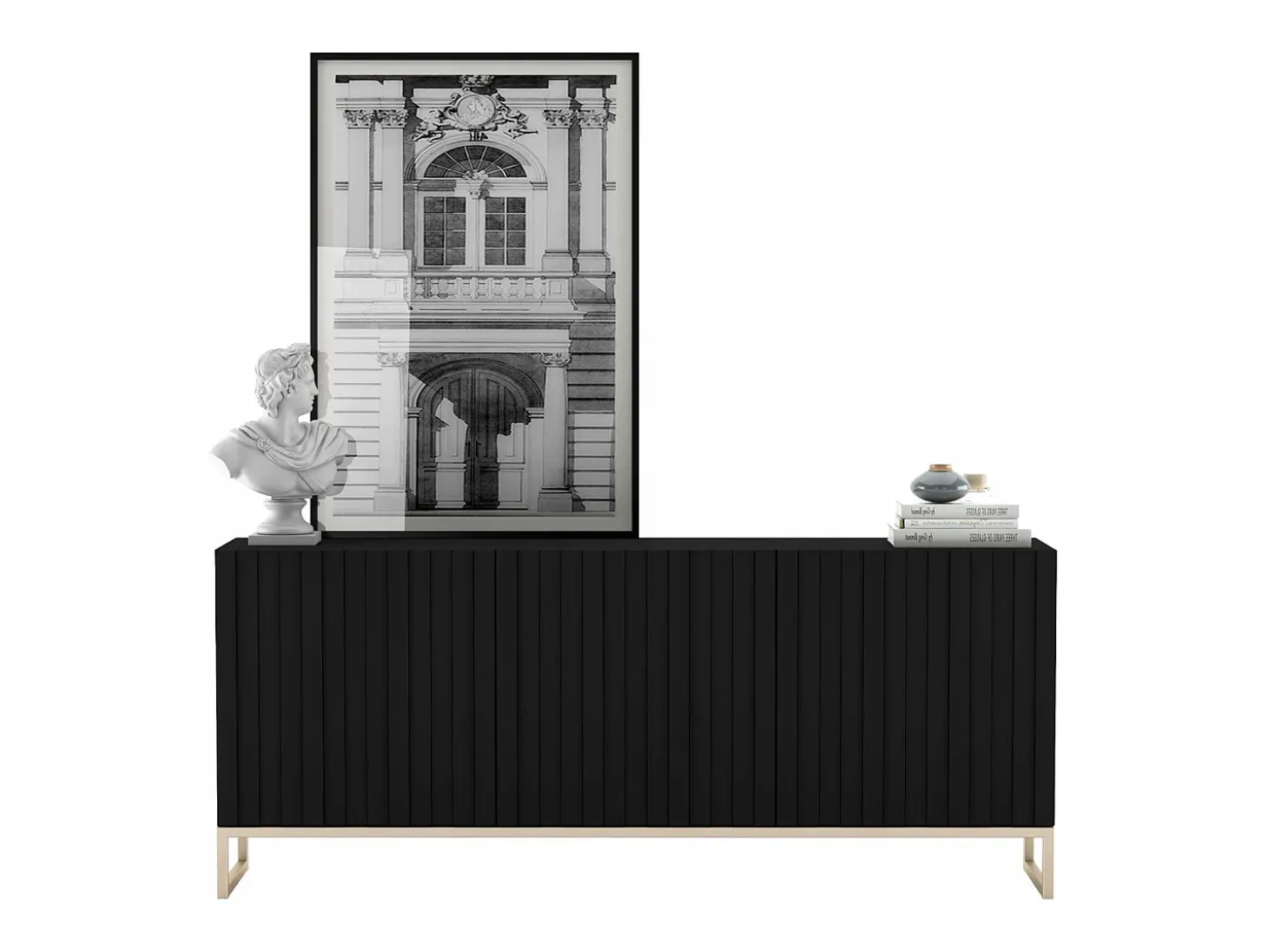 Cómoda con 3 puertas - Cuerpo Negro mate, frentes ranurados Negro mate - 168 cm, marco de metal