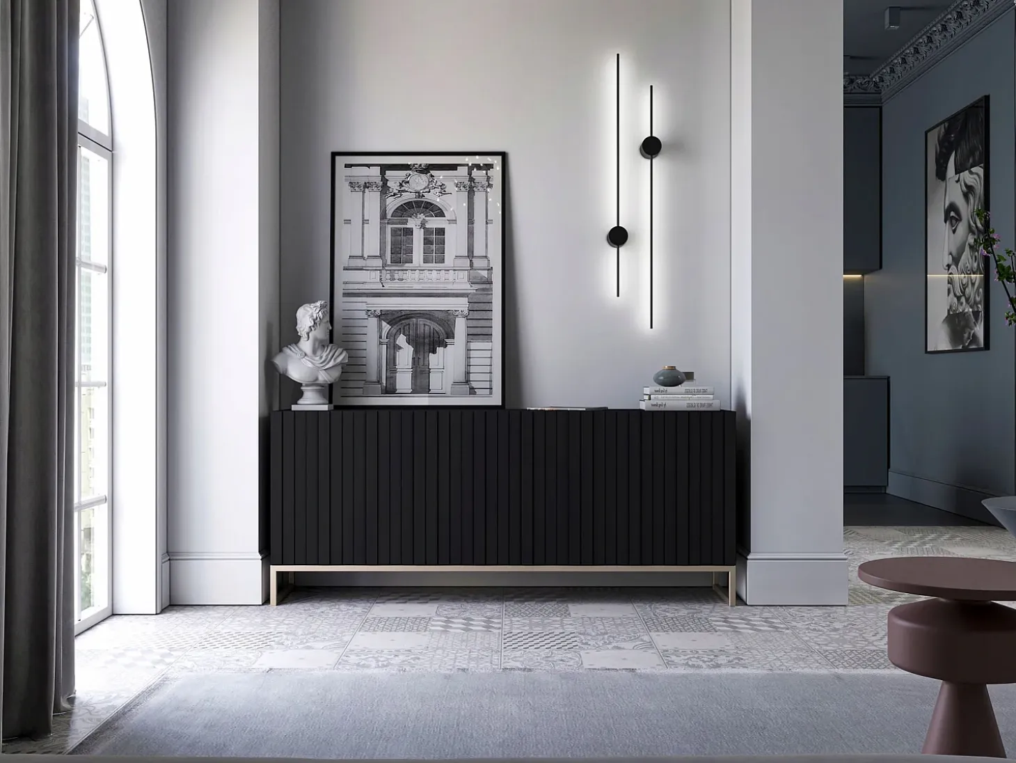 Cómoda con 3 puertas - Cuerpo Negro mate, frentes ranurados Negro mate - 168 cm, marco de metal